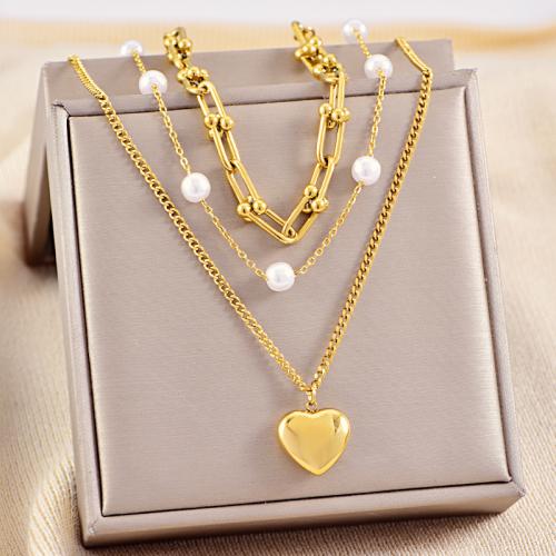 Collier d'acier titane, avec perle de plastique, coeur, Placage, pour femme, Or, Vendu par PC