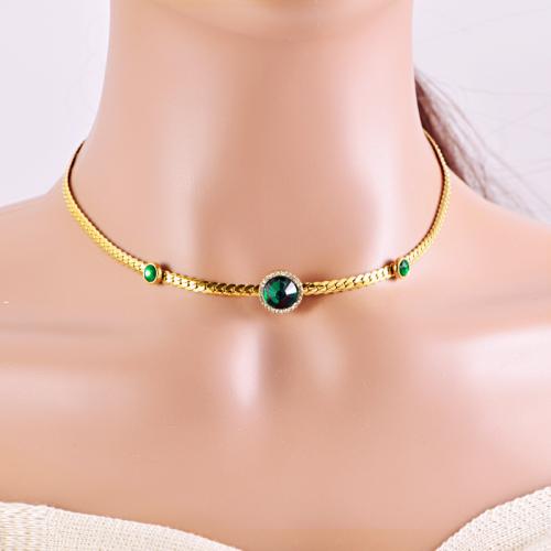 Titanium Steel Necklace, with Turquoise, plated, different materials for choice & micro pave cubic zirconia & for woman, gold, Sold By PC