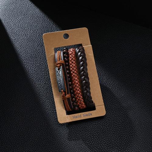 PU Leather Cord Bracelets, Tibetan Style, with PU Leather & Wood, vintage & 4 pieces & different styles for choice & for man, more colors for choice, Length:Approx 21.5 cm, Sold By Set