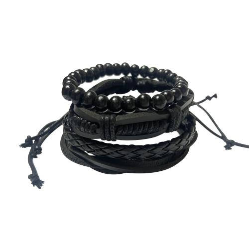 PU Leather Cord Bracelets, with Wood, handmade, 4 pieces & for man, more colors for choice, Sold By Set