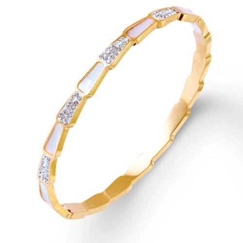 Titanium Steel Bracelet & Bangle, with White Shell, plated, micro pave cubic zirconia & for woman, golden, Sold By PC