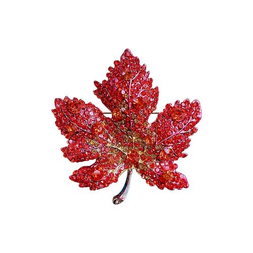 Tibetan Style Brooches, Ginkgo Leaf, for woman & with rhinestone, red, 49x45mm, Sold By PC