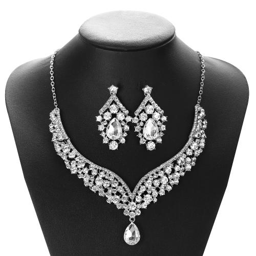 Parures de bijoux en alliage zinc, Boucle d’oreille stud & collier, alliage de zinc, avec 7cm chaînes de rallonge, 2 pièces & bijoux de mode & pour femme & avec strass, argent, Longueur:42 cm, Vendu par fixé