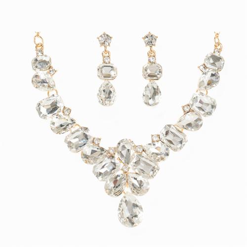 Parures de bijoux en alliage zinc, Boucle d’oreille stud & collier, alliage de zinc, avec cristal, avec 7cm chaînes de rallonge, 2 pièces & bijoux de mode & pour femme, doré, Longueur:43 cm, Vendu par fixé