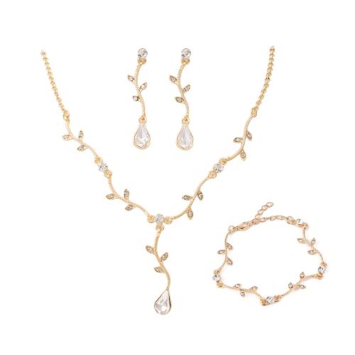 Tibetan Style Jewelry Sets, Stud Earring & bracelet & necklace, with Crystal, three pieces & fashion jewelry & for woman & with rhinestone, golden, Length:42 cm, Sold By Set