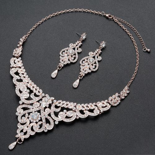 Parures de bijoux en alliage zinc, Boucle d’oreille stud & collier, alliage de zinc, avec 7cm chaînes de rallonge, 2 pièces & bijoux de mode & pour femme & avec strass, couleur or rose, Longueur:42 cm, Vendu par fixé