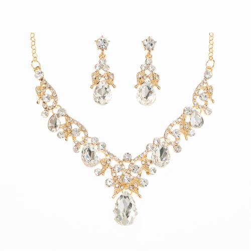 Tibetan Style Jewelry Sets, Stud Earring & necklace, with 7cm extender chain, 2 pieces & fashion jewelry & for woman & with rhinestone, golden, Length:43 cm, Sold By Set