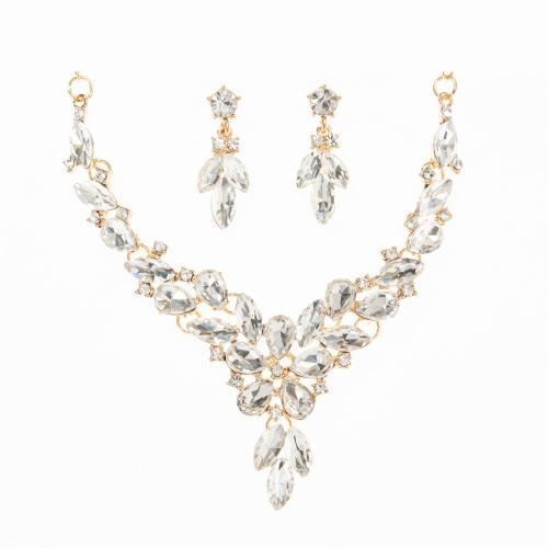 Parures de bijoux en alliage zinc, Boucle d’oreille stud & collier, alliage de zinc, avec cristal, avec 7cm chaînes de rallonge, 2 pièces & bijoux de mode & pour femme & avec strass, doré, Longueur:43 cm, Vendu par fixé