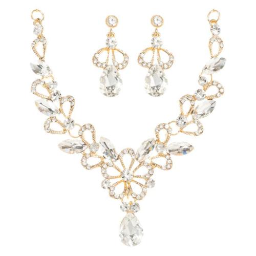 Tibetan Style Jewelry Sets, Stud Earring & necklace, with Crystal, with 7cm extender chain, 2 pieces & fashion jewelry & for woman & with rhinestone, golden, Length:42 cm, Sold By Set