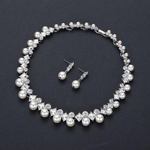 Tibetan Style Jewelry Sets, Stud Earring & necklace, with Plastic Pearl, 2 pieces & fashion jewelry & for woman & with rhinestone, silver color, Length:42 cm, Sold By Set