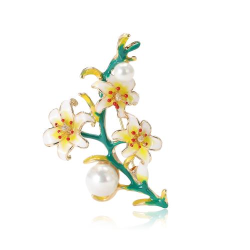 Tibetan Style Brooches, with Plastic Pearl, Lily, for woman & enamel, 56x36mm, Sold By PC