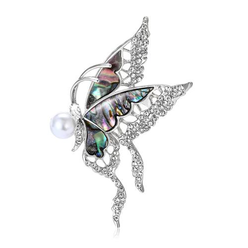 Tibetan Style Brooches, with Abalone Shell, Butterfly, for woman & with rhinestone, silver color, 60x45mm, Sold By PC