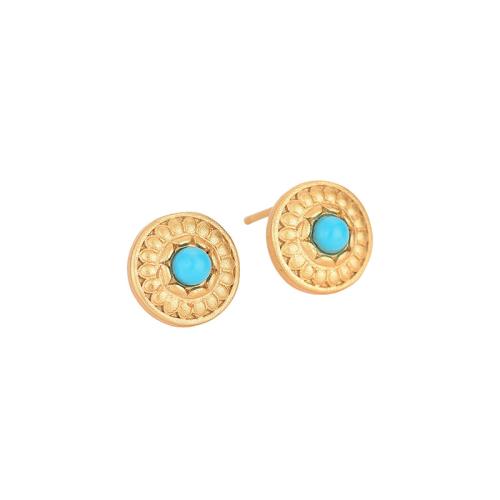 Brass Stud Earring, with Turquoise, fashion jewelry & for woman, 9x9mm, Sold By Pair