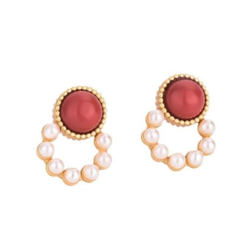 Brass Stud Earring, with Agate & Plastic Pearl, fashion jewelry & for woman, 12mm, Sold By Pair