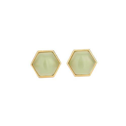 Brass Stud Earring, with Jade, fashion jewelry & for woman, more colors for choice, 12mm, Sold By Pair