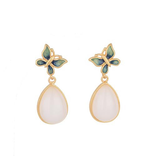 Brass Stud Earring, with Jade, fashion jewelry & for woman & enamel, 30mm, Sold By Pair