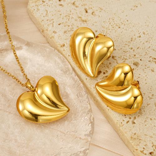 Fashion Stainless Steel Jewelry Sets, Stud Earring & necklace, 304 Stainless Steel, Heart, 18K gold plated, 2 pieces & fashion jewelry & for woman, golden, Length:Approx 45 cm, Sold By Set