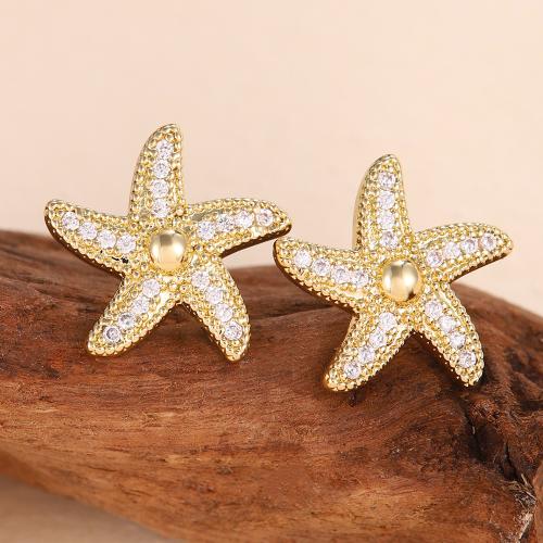 Cubic Zirconia Micro Pave Brass Earring, Starfish, fashion jewelry & micro pave cubic zirconia & for woman, golden, 14x14mm, Sold By Pair