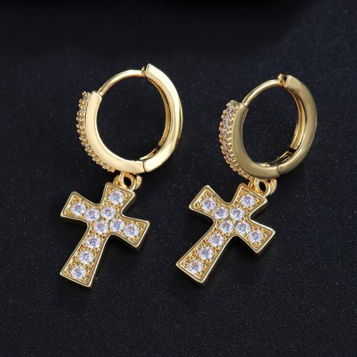 Cúbicos Circonia Pendiente Latón Micro pavimenta, metal, Cruces, Joyería & micro arcilla de zirconia cúbica & para mujer, dorado, 30x13mm, Vendido por Par