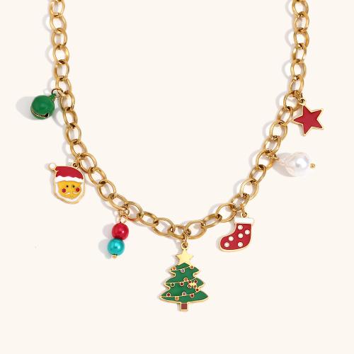 Collares de Navidad, acero inoxidable 304, con 5cm extender cadena, 18K chapado en oro, Diseño de Navidad & para mujer & esmalte, Vendido para aproximado 40 cm Sarta