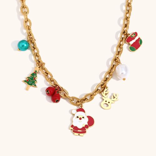 Collares de Navidad, acero inoxidable 304, con 5cm extender cadena, 18K chapado en oro, Diseño de Navidad & para mujer & esmalte, Vendido para aproximado 40 cm Sarta