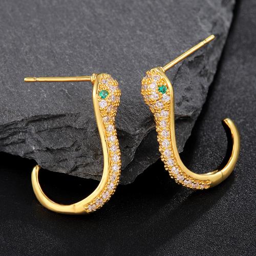 Cubic Zirconia Micro Pave Brass Earring, Snake, gold color plated, fashion jewelry & micro pave cubic zirconia & for woman, golden, 22x14mm, Sold By Pair