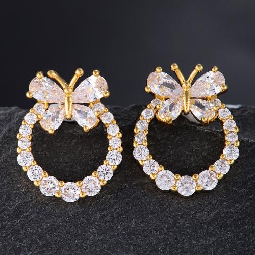 Cubic Zirconia Micro Pave Brass Earring, Butterfly, fashion jewelry & micro pave cubic zirconia & for woman, golden, 17x136mm, Sold By Pair