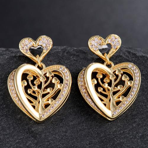 Cubic Zirconia Micro Pave Brass Earring, Heart, fashion jewelry & micro pave cubic zirconia & for woman, golden, 25x18mm, Sold By Pair