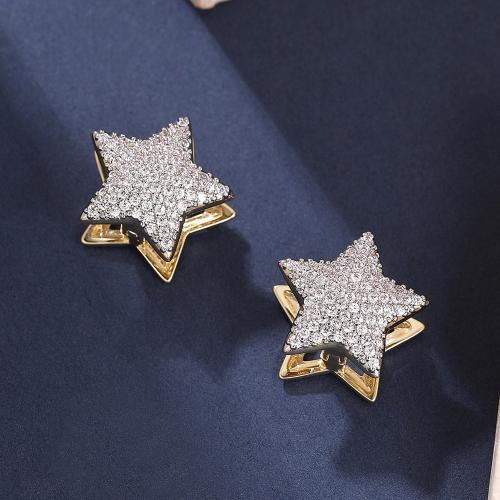 Cubic Zirconia Micro Pave Brass Earring, Star, fashion jewelry & micro pave cubic zirconia & for woman, golden, 16x17mm, Sold By Pair