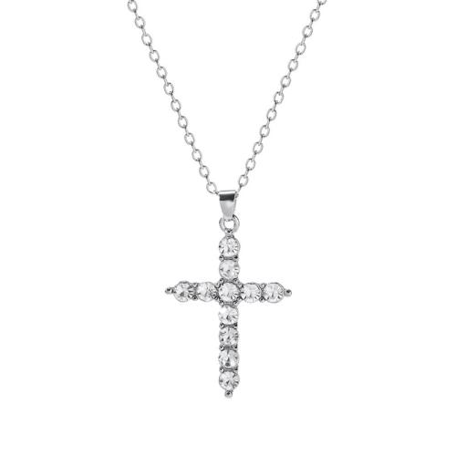 Tibetan Style Jewelry Necklace, with 5cm extender chain, Cross, silver color plated, fashion jewelry & with rhinestone, silver color, nickel, lead & cadmium free, Length:40 cm, Sold By PC