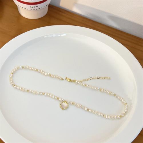 Freshwater Pearl Brass Necklace, with Shell & Brass, with 5cm extender chain, gold color plated, fashion jewelry, white, Length:38 cm, Sold By PC