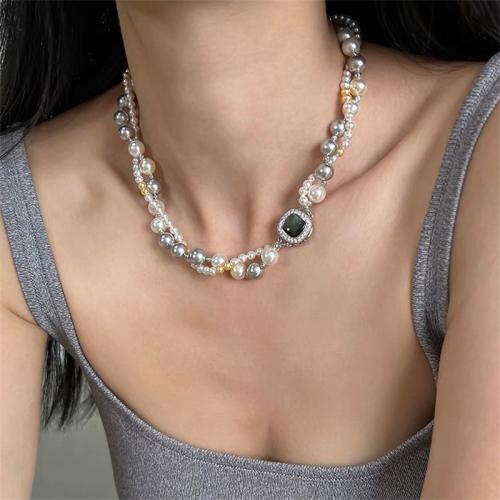 Glass Beads Necklaces, Glass Pearl, with Pearl Oyster & Brass, fashion jewelry & micro pave cubic zirconia, more colors for choice, Length:43 cm, Sold By PC