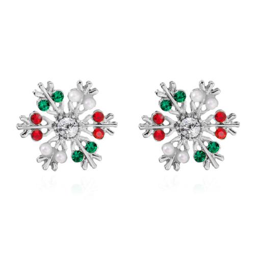 Boucles d'oreilles de Noël, alliage de zinc, avec perle de plastique, flocon de neige, Placage, Conception de Noël & pour femme & avec strass, plus de couleurs à choisir, 20x20mm, Vendu par paire