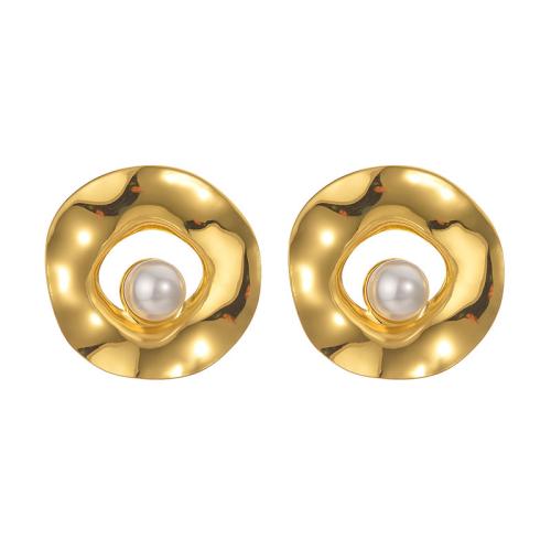 Stainless Steel Stud Earrings, 304 Stainless Steel, with Plastic Pearl, plated, fashion jewelry & different styles for choice & for woman, golden, Sold By Pair