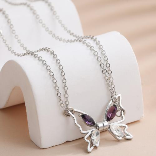 Titanium Steel Necklace, Butterfly, plated, 2 pieces & micro pave cubic zirconia & for woman, silver color, Sold By Set