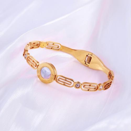 Bracelet d'acier titane, avec coquille, Placage, styles différents pour le choix & pavé de micro zircon & pour femme, doré, Vendu par PC