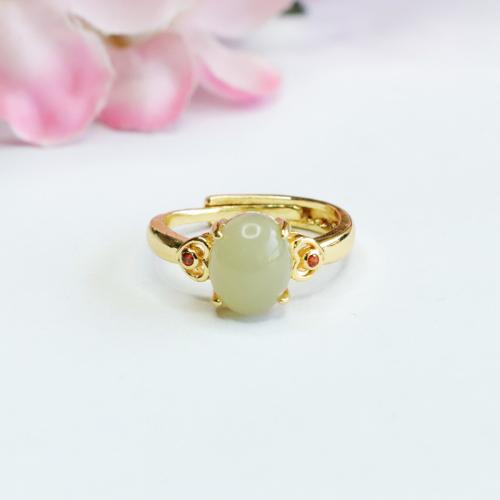 Hetian Jade Anillo de dedo Cuff, con aleación de zinc, chapado en color dorado, estilo popular & para mujer, tamaño:6-8, Vendido por UD