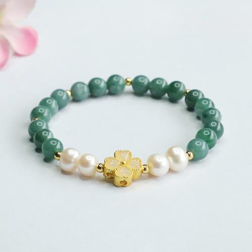 Jadeite Bracelet, with Freshwater Pearl & Tibetan Style, Four Leaf Clover, handmade, folk style & for woman, beads length 6mm, Length:Approx 6-8 Inch, Sold By PC