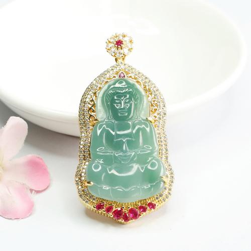 Gemstone Pendants Jewelry, Jadeite, with Brass, Guanyin, gold color plated, DIY & with rhinestone, 41x24mm, Sold By PC