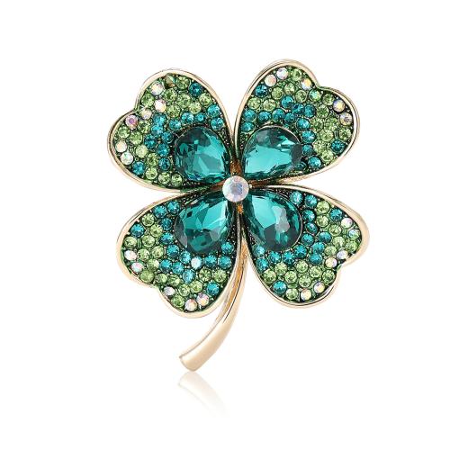 Tibetan Style Brooches, Four Leaf Clover, for woman & with rhinestone, more colors for choice, 34x41mm, Sold By PC