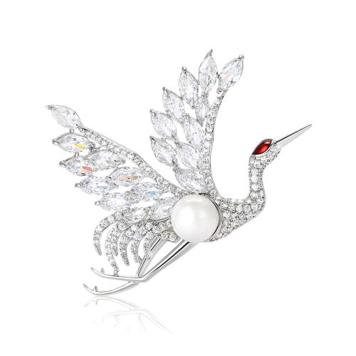 Fashion Brooch Jewelry, Brass, with Plastic Pearl, Unisex & micro pave cubic zirconia, silver color, 60x43mm, Sold By PC