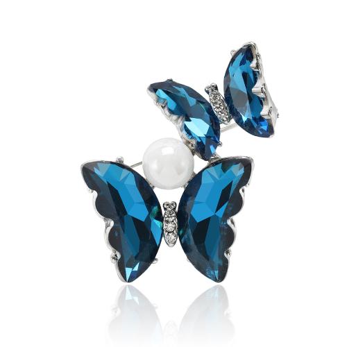 Tibetan Style Brooches, with Plastic Pearl, Butterfly, for woman & with rhinestone, more colors for choice, 37x32mm, Sold By PC