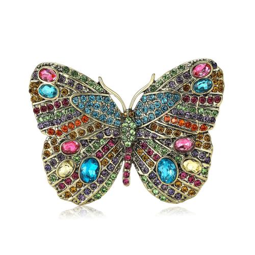 Tibetan Style Brooches, Butterfly, for woman & with rhinestone, more colors for choice, 63x48mm, Sold By PC