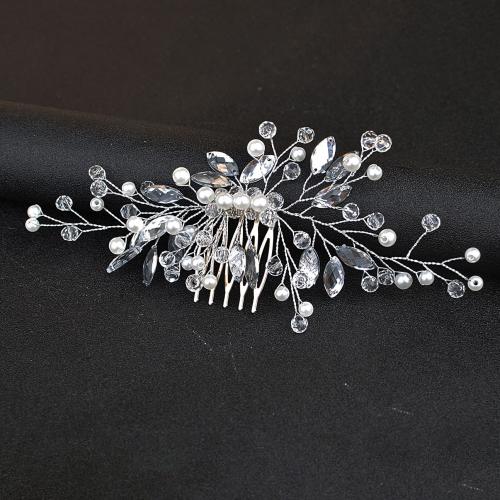 Decorative Hair Combs, Iron, with Crystal & Plastic Pearl, fashion jewelry & for woman & with rhinestone, silver color, 120x70mm, Sold By PC