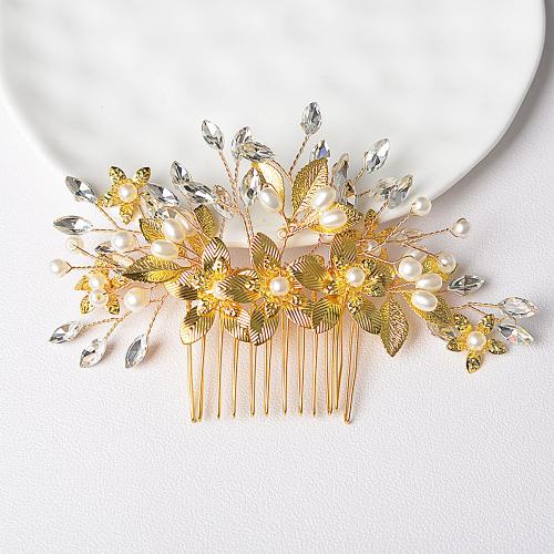 Decorative Hair Combs, Tibetan Style, with Crystal & Plastic Pearl, fashion jewelry & for woman, golden, 140x70mm, Sold By PC