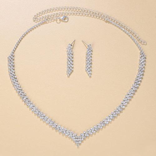 Brass Jewelry Set, earring & necklace, 2 pieces & for woman & with rhinestone, silver color, Length:Approx 33-66 cm, Sold By Set