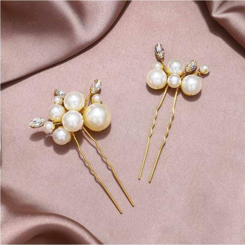 Hair Stick, Plastic Pearl, with brass wire, 2 pieces & for woman & with rhinestone, more colors for choice, 90x50mm, Sold By Set