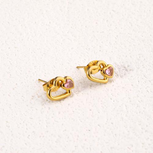 Stainless Steel Stud Earrings, 304 Stainless Steel, Heart, 18K gold plated, fashion jewelry & for woman & with rhinestone, golden, 10mm, Sold By Pair