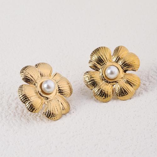 Stainless Steel Stud Earrings, 304 Stainless Steel, with Plastic Pearl, Flower, 18K gold plated, fashion jewelry & for woman, golden, 22x20mm, Sold By Pair