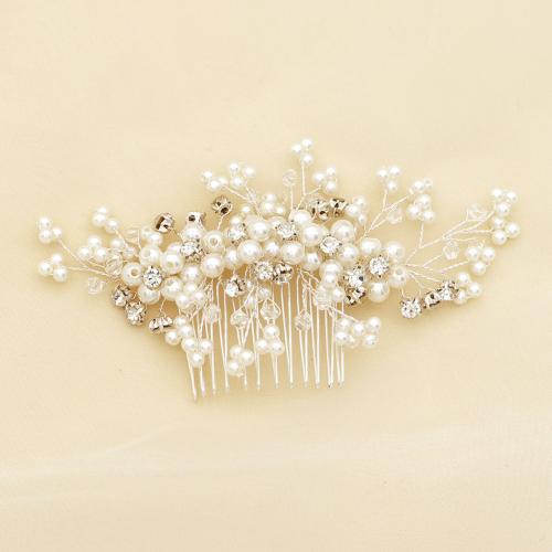 Decorative Hair Combs, Plastic Pearl, with brass wire & Crystal & Rhinestone, fashion jewelry & for woman, silver color, 95x60mm, Sold By PC